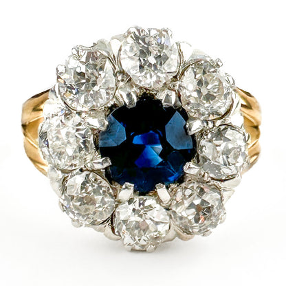 Victorian Antique Ceylon Sapphire and Diamond Daisy Cluster Engagement Ring