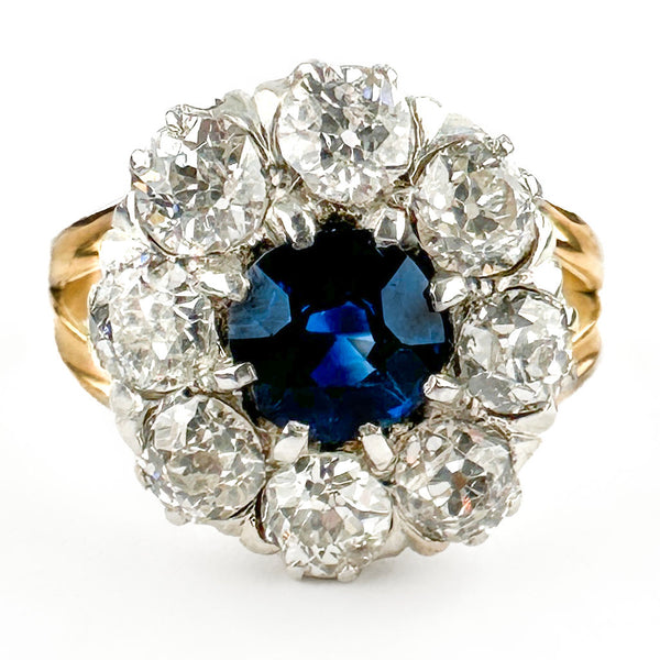 Victorian Antique Ceylon Sapphire and Diamond Daisy Cluster Engagement Ring