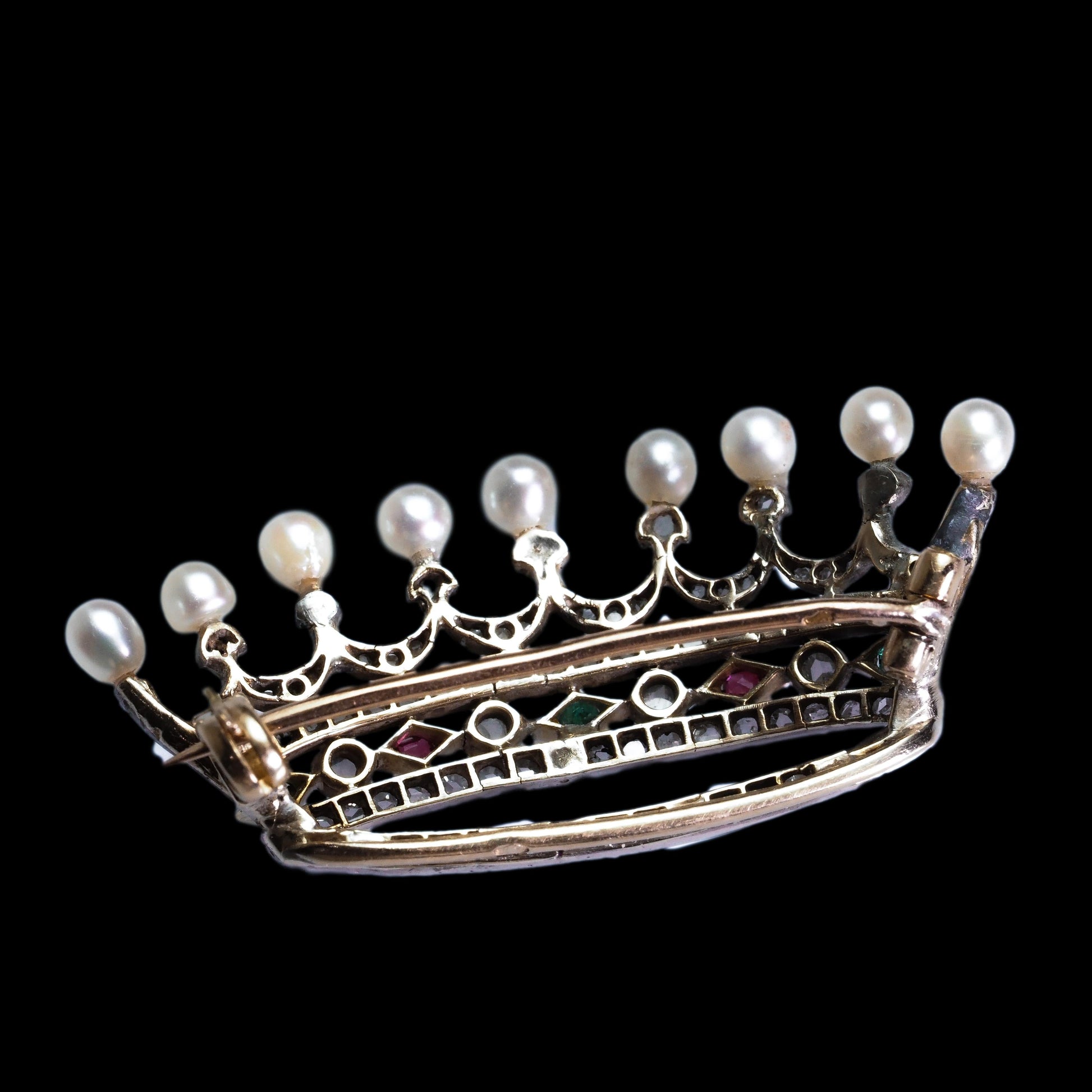 Antique French Ruby, Emerald, Diamond Pearl Crown Coronet Brooch 18K Gold c.1900