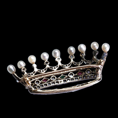 Antique French Ruby, Emerald, Diamond Pearl Crown Coronet Brooch 18K Gold c.1900
