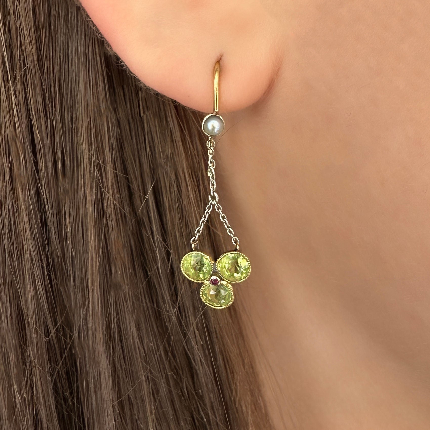 Late Victorian Antique Peridot Trefoil Drop Earrings with Ruby and Pearl