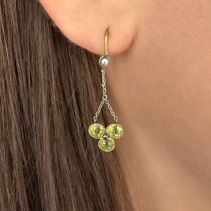 Late Victorian Antique Peridot Trefoil Drop Earrings with Ruby and Pearl