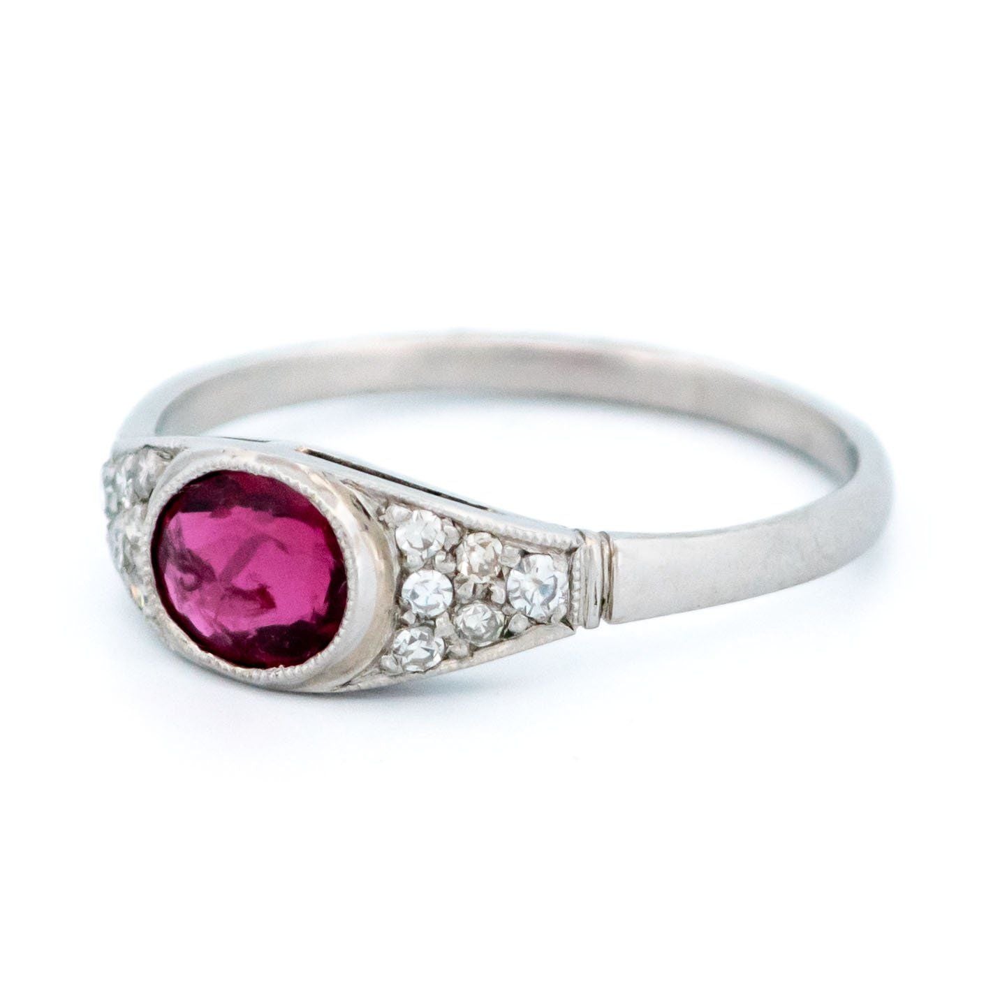Art Deco Style Platinum, Ruby and Diamond Ring, 0.77 Carat