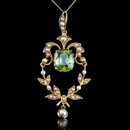 Antique Victorian Peridot Pendant Necklace, Pearls 14K Gold Original Box c.1890