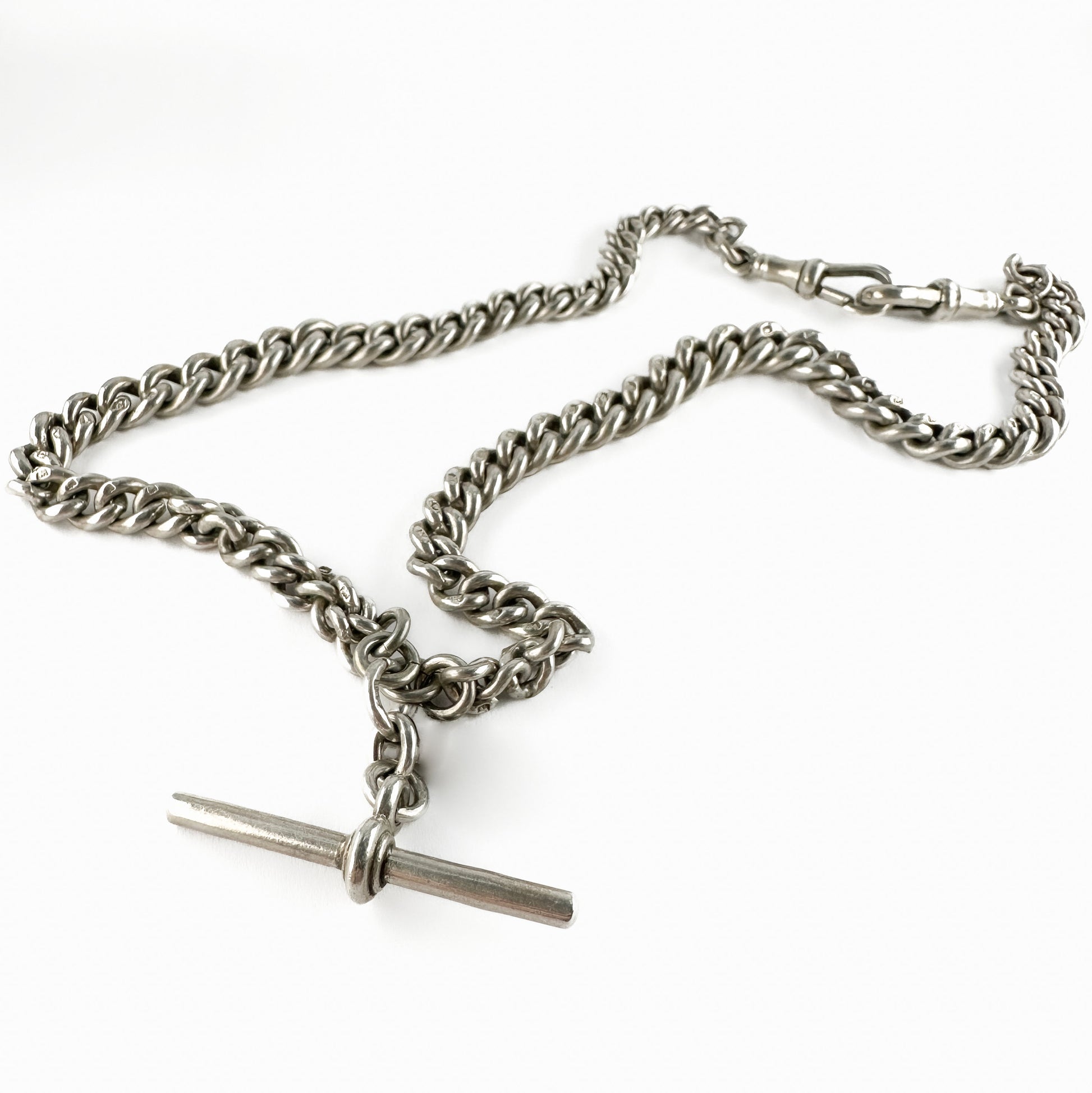 Edwardian Antique Silver Albert Chain Necklace With T-Bar