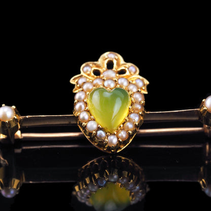 Antique Victorian Chalcedony Brooch with Seed Pearls 15ct Gold Heart Shaped Cabochon - c.1890