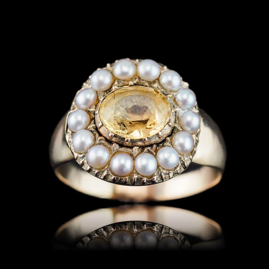 Antique Georgian Citrine & Pearl Cluster Ring 14K Gold - c.1800