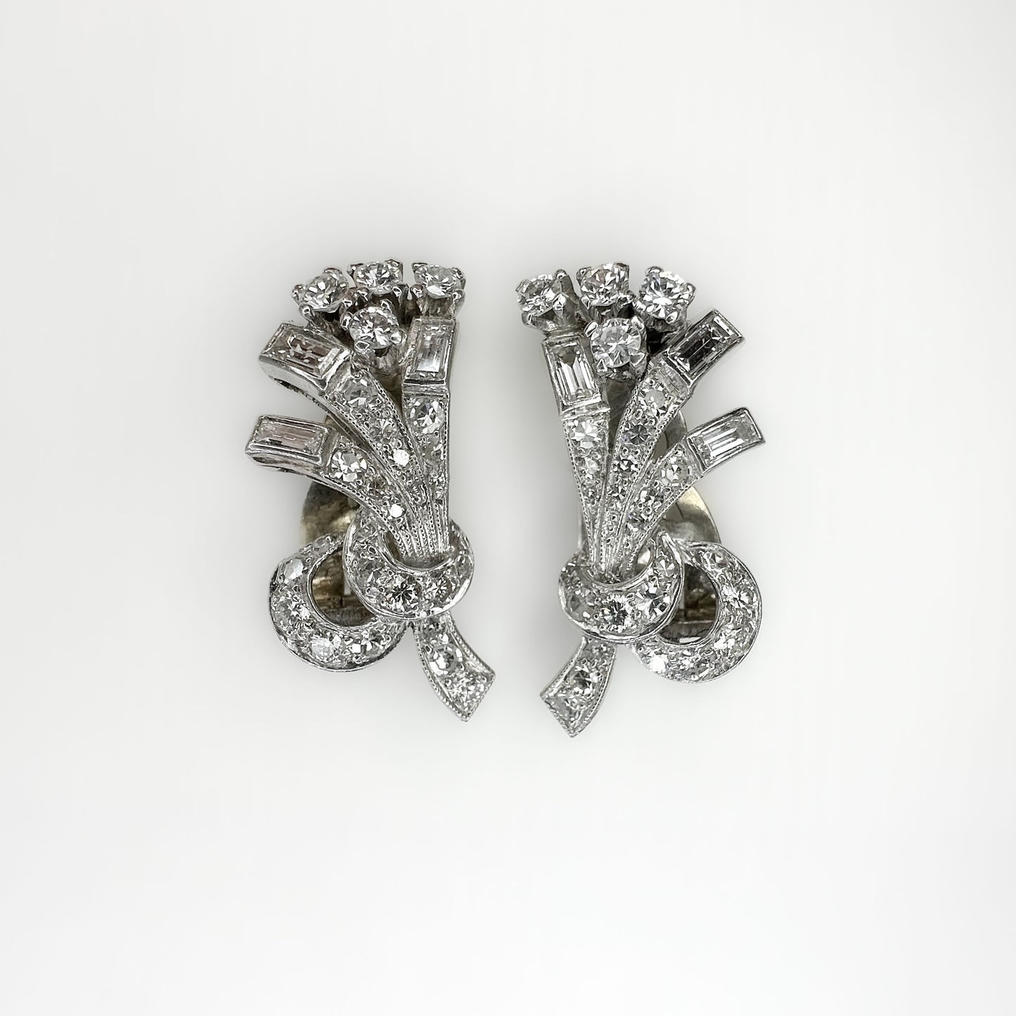 Vintage 1ct Baguette and Brilliant Cut Diamond Spray Earrings