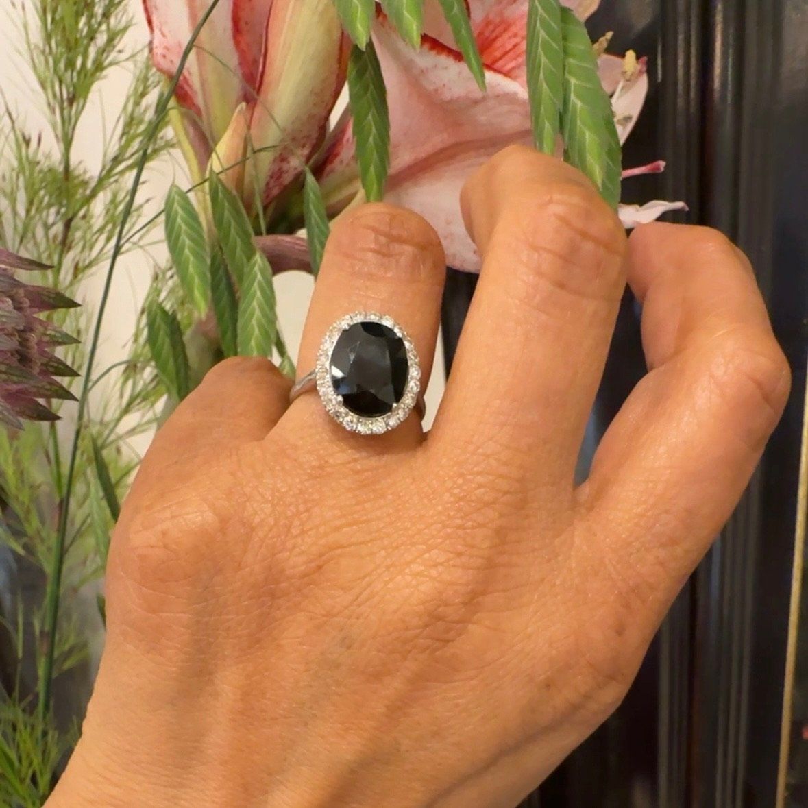 14 Carat White Gold Sapphire and Diamond Oval Cluster Ring, 4.90 Carats