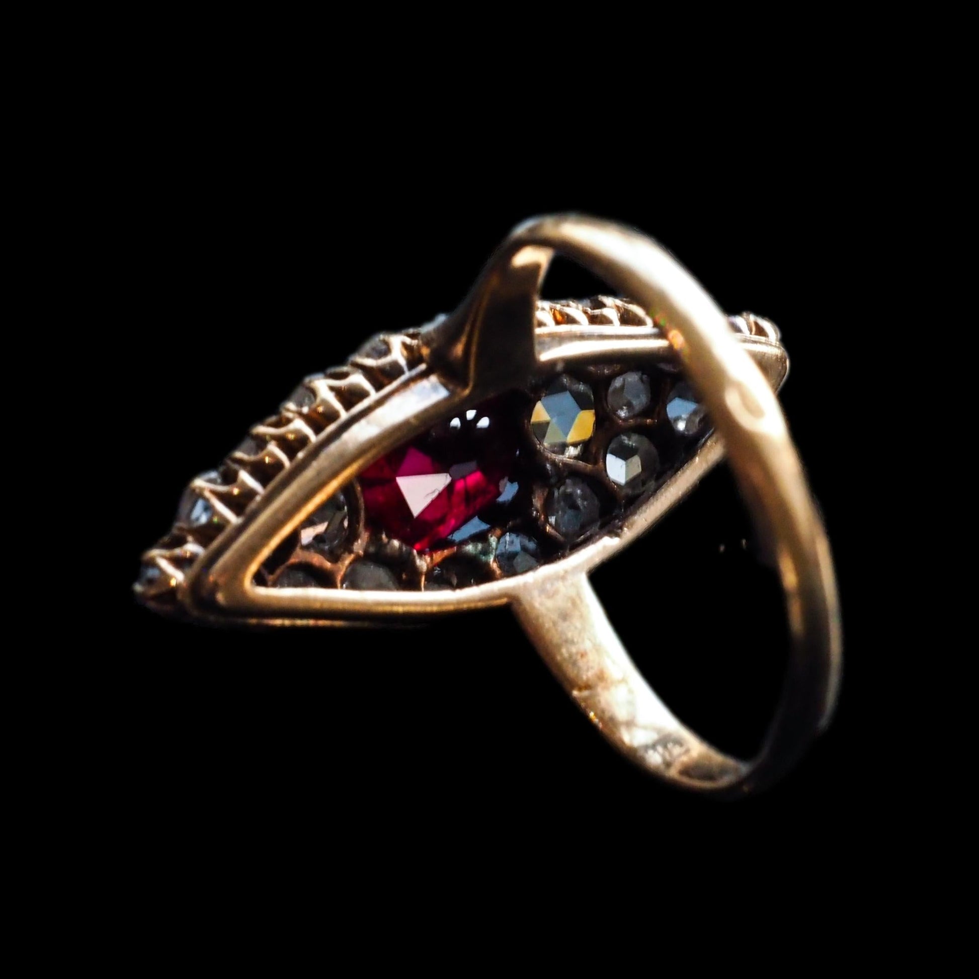 Antique French Natural No Heat Ruby and Old Cut Diamond Navette Cluster Ring, Circa 1890
