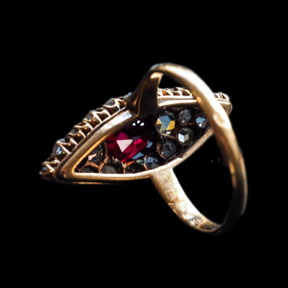 Antique French Natural No Heat Ruby and Old Cut Diamond Navette Cluster Ring, Circa 1890