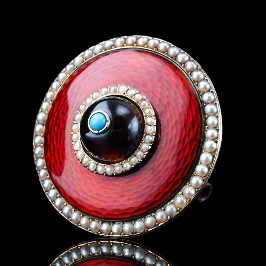 Victorian Antique Red Enamel Guilloche Enamel Brooch with Garnet Pearl Turquoise