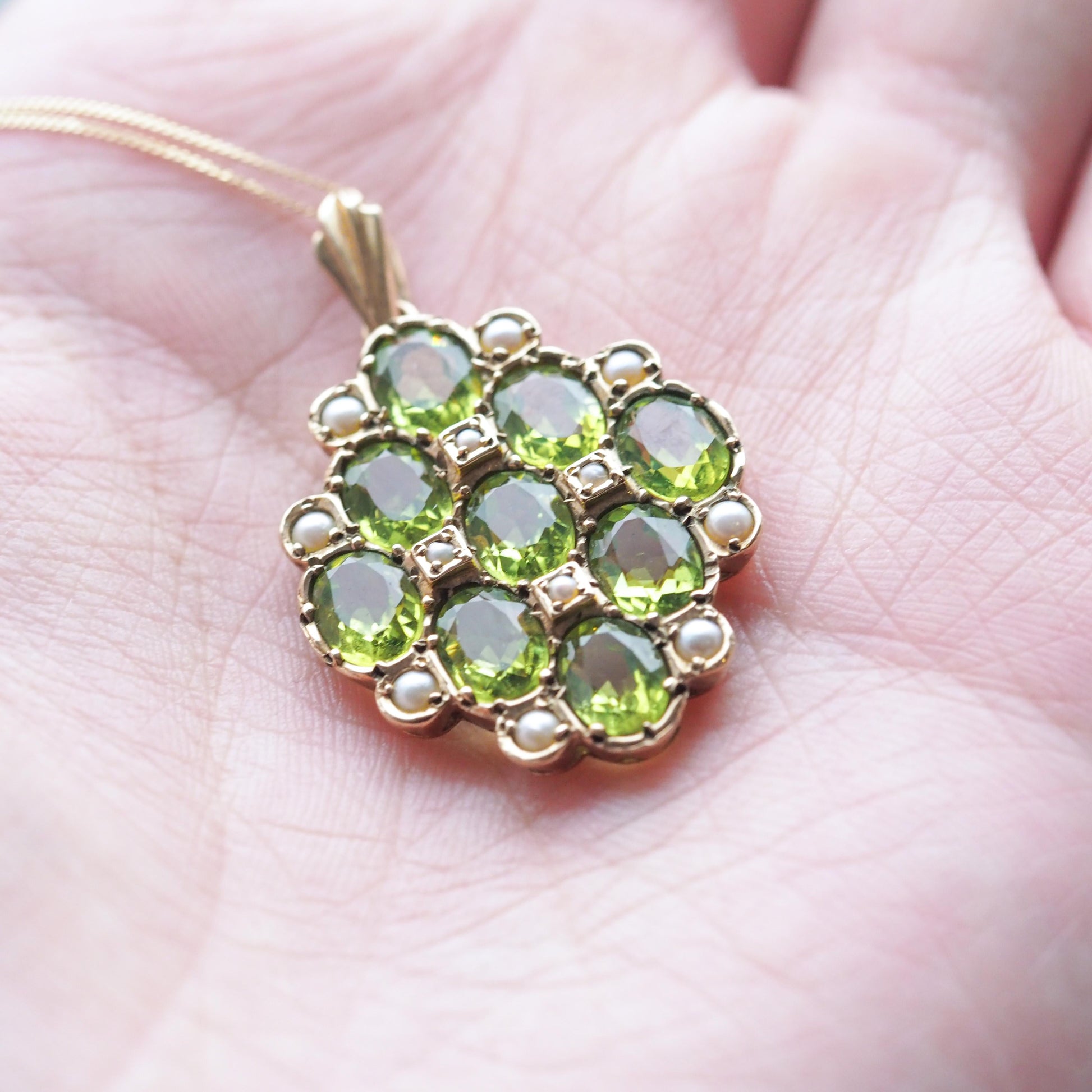 Vintage Peridot and Pearl Cluster Pendant