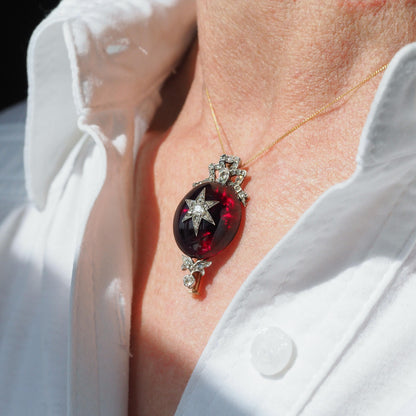 Victorian Antique Garnet and Diamond Star Cabochon Pendant come Brooch