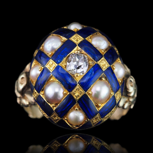 Victorian Antique Blue Enamel Diamond and Pearl Ring
