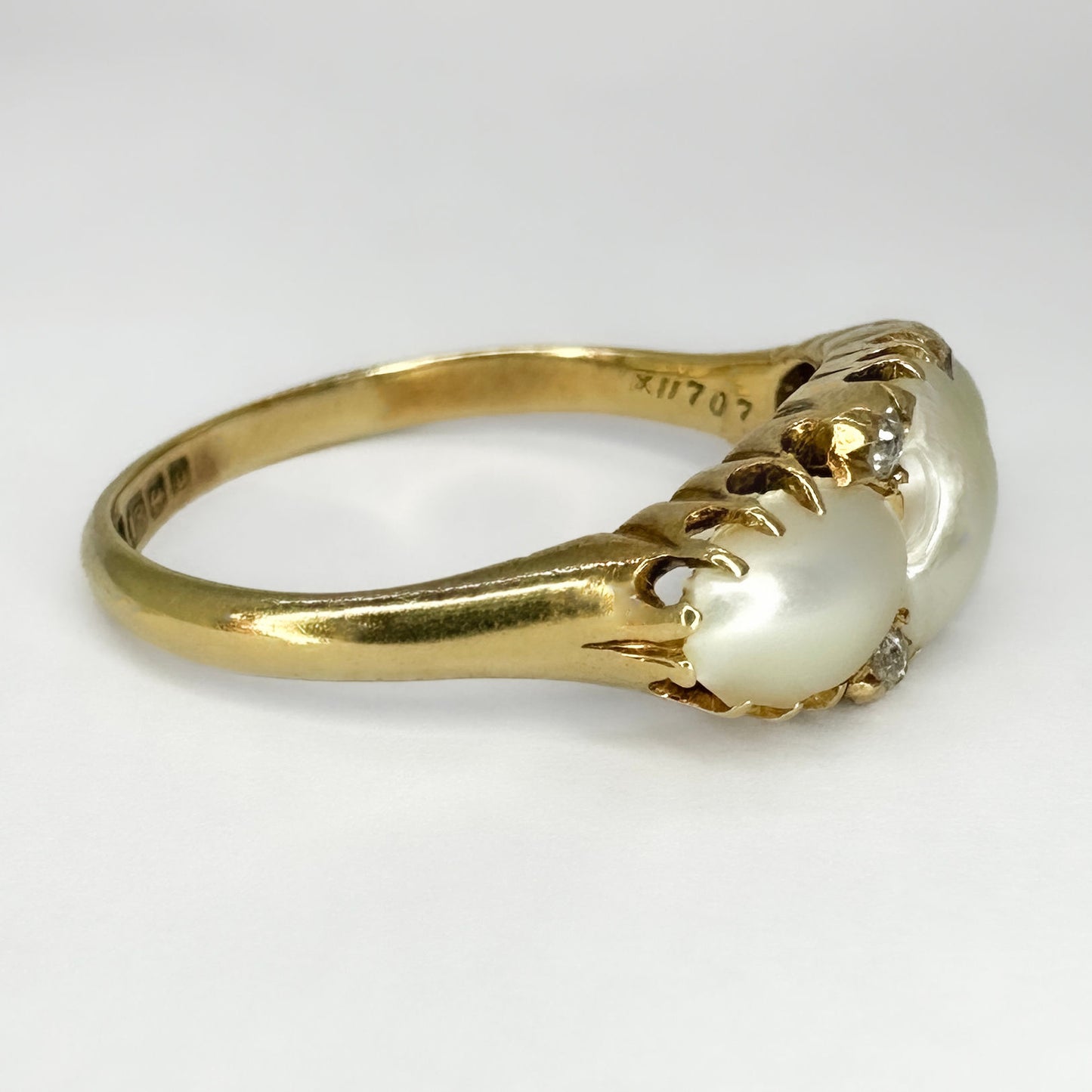Victorian Antique Natural Pearl Three Stone Ring with Diamonds
