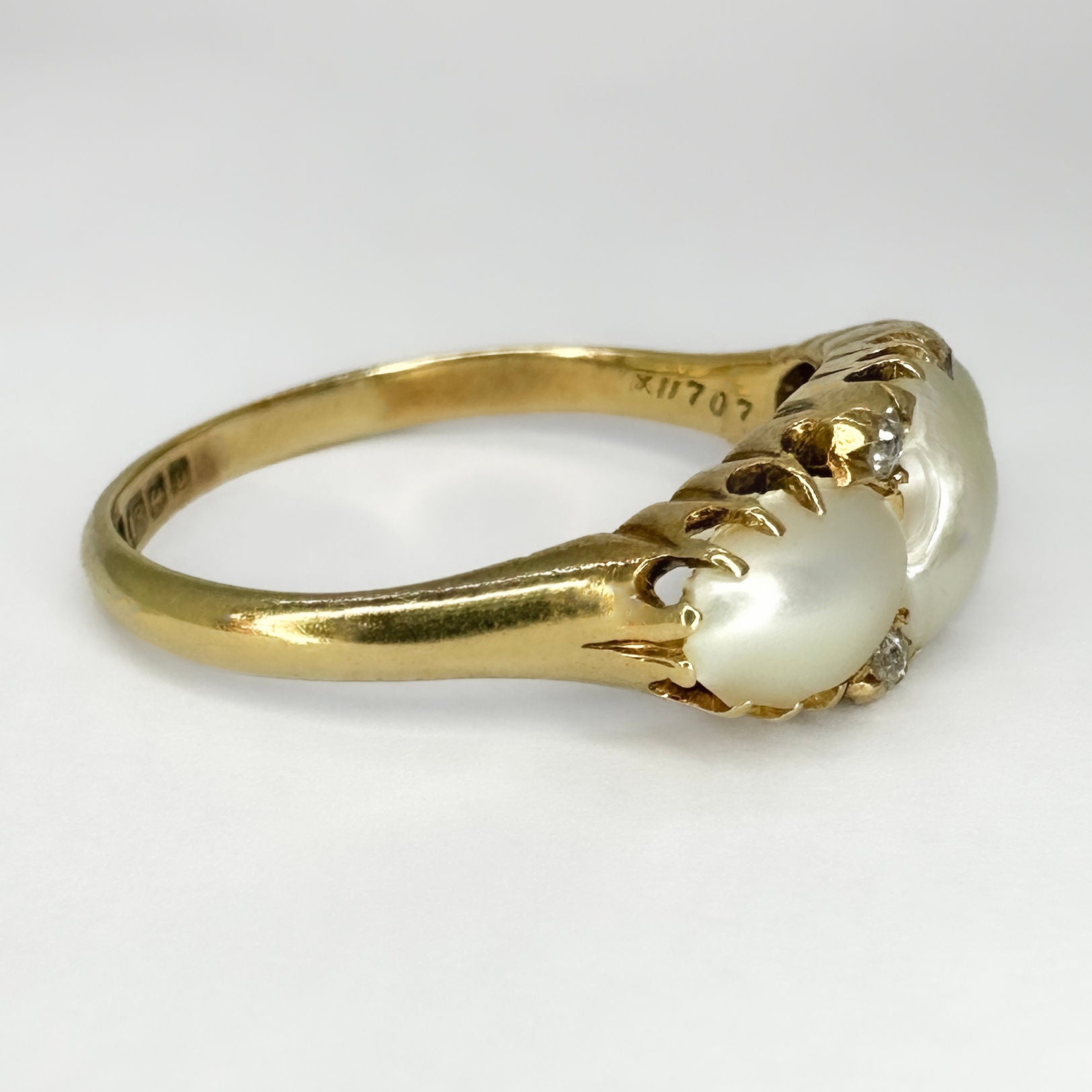 Victorian Antique Natural Pearl Three Stone Ring with Diamonds