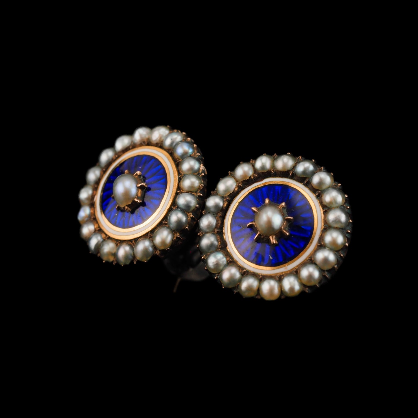 Antique Georgian Gold Earrings with Blue Enamel Guilloche and Seed Pearl Cluster 'Target' Design - c.1800
