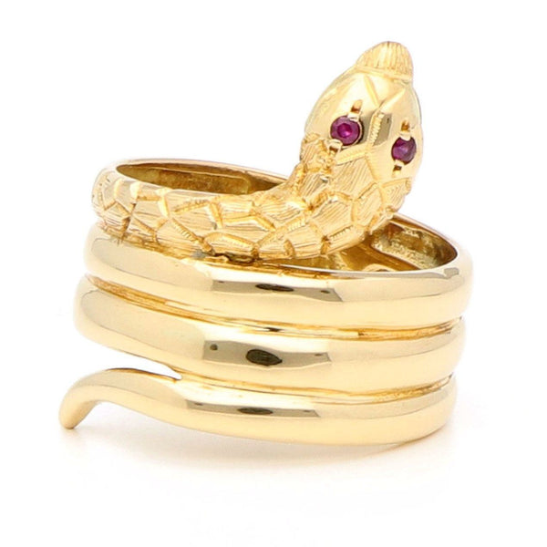 Vintage 18 Carat Yellow Gold Coiled Snake Ring with Ruby Eyes