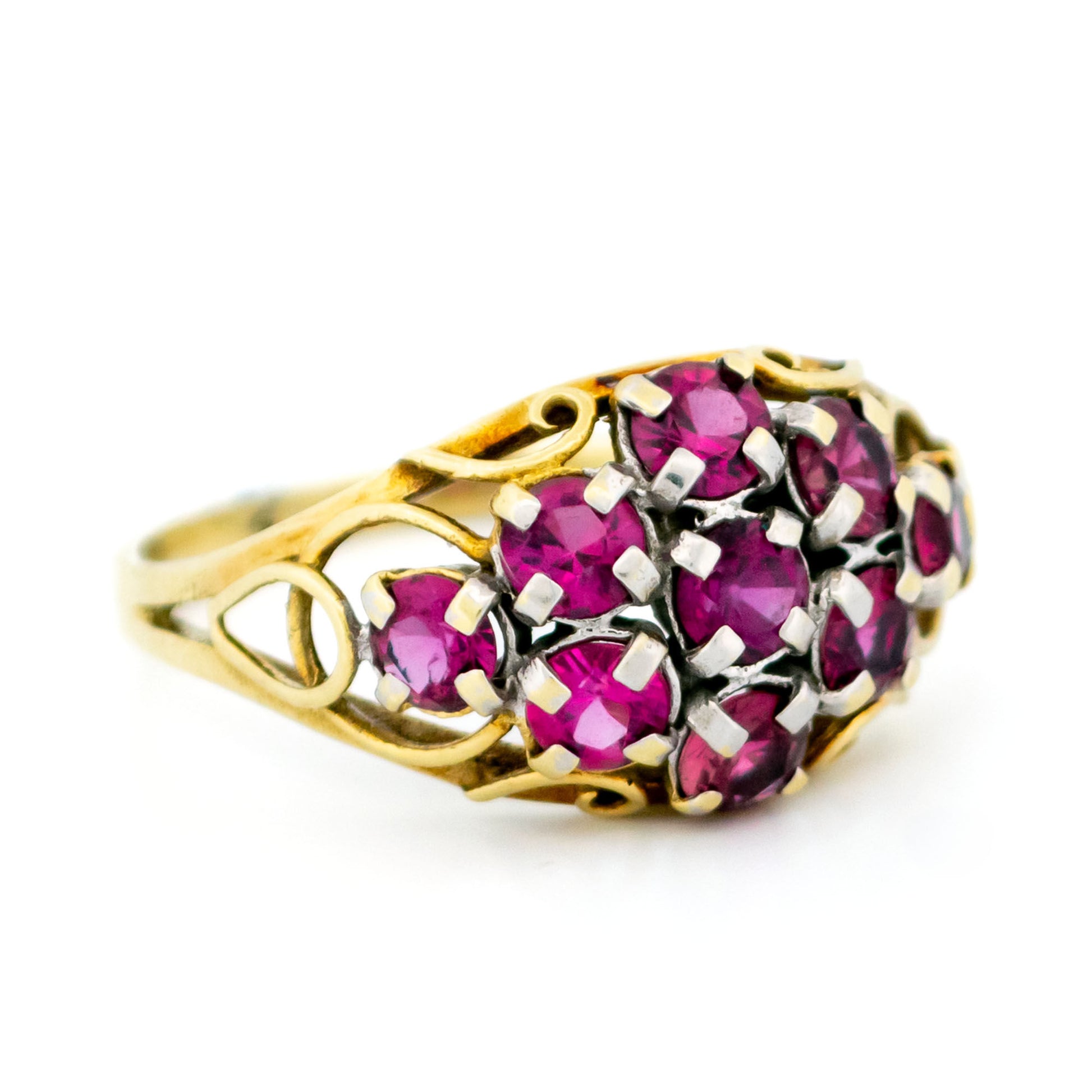 Vintage 14 Carat Yellow and White Gold Ruby Cluster Ring, 1.35 Carats