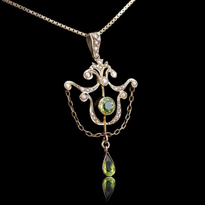 Antique Edwardian Peridot and Seed Pearl Pendant Necklace 9ct Gold - 1909