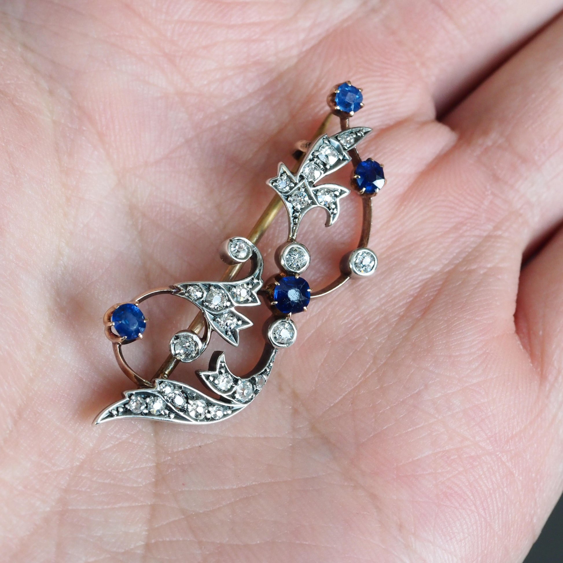Antique Victorian Sapphire and Old Cut Diamond Brooch with Foliate Motif, Circa 1880