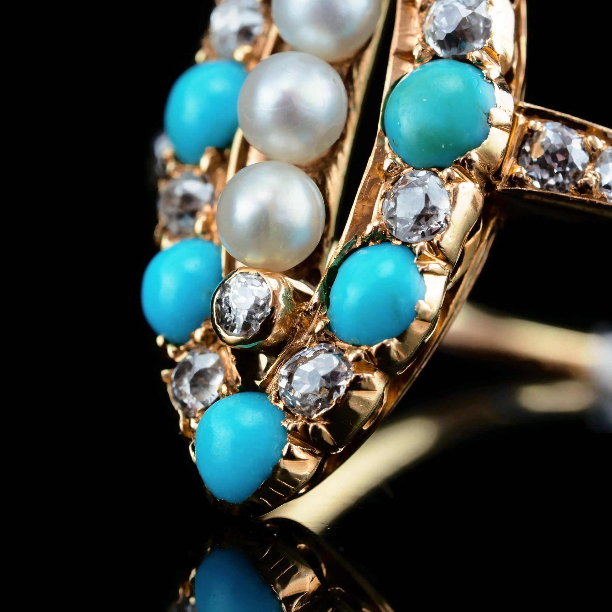 Victorian Antique Victorian Turquoise Pearl Diamond Navette Marquise Cluster Ring Circa 1880