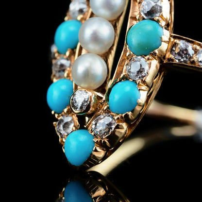 Victorian Antique Victorian Turquoise Pearl Diamond Navette Marquise Cluster Ring Circa 1880