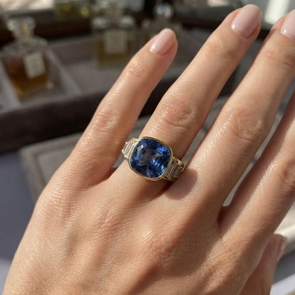Italian Retro 10.61ct Unheated Natural No Heat Ceylon Sapphire and 2.60ct Baguette Diamond Engagement Ring in 18ct Yellow Gold