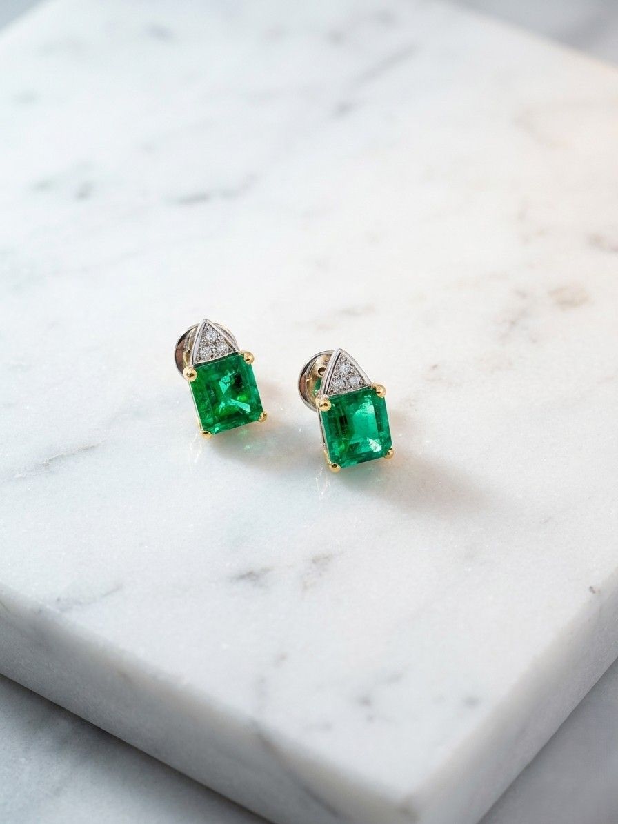 Fine 8 Carat Colombian Emerald Diamond Stud Earrings