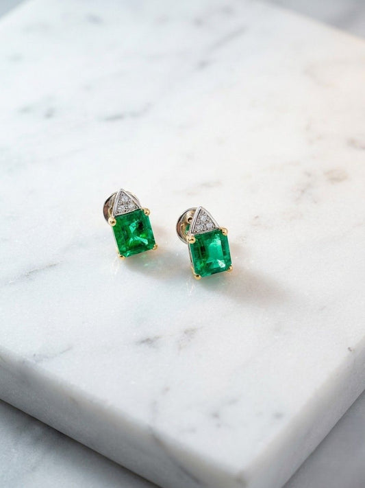 Fine 8 Carat Colombian Emerald Diamond Stud Earrings