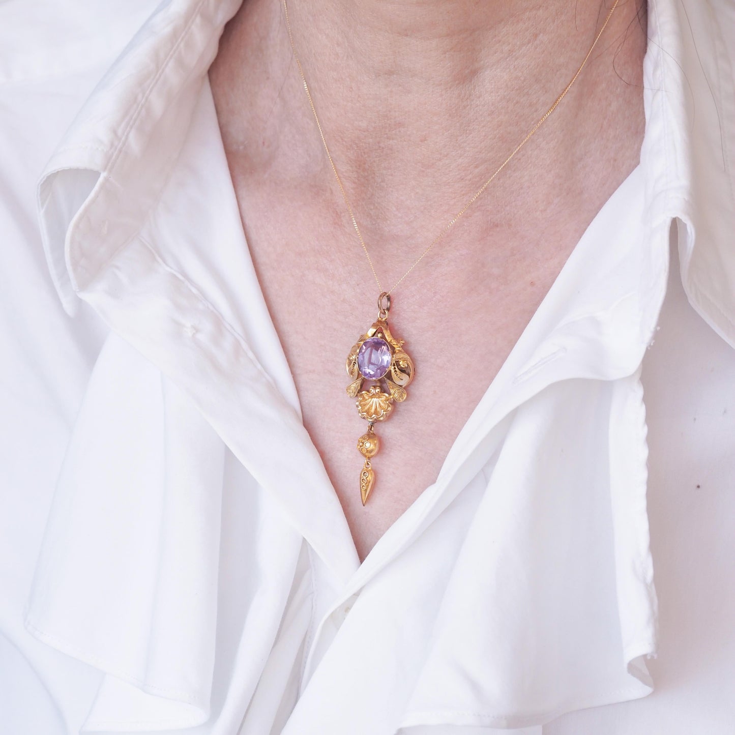 Antique Victorian Amethyst Pendant Necklace 14K Gold - 19th c.