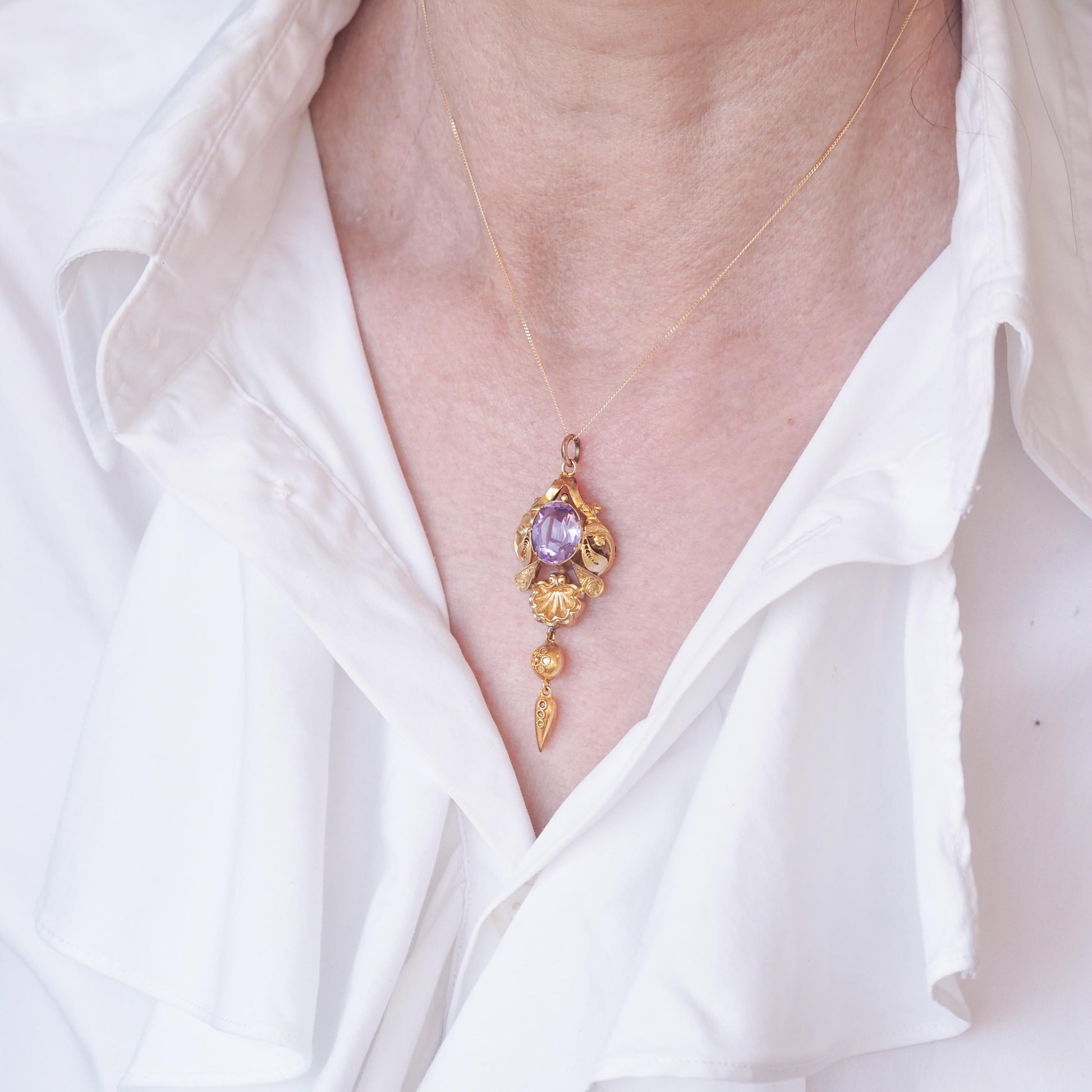 Antique Victorian Amethyst Pendant Necklace 14K Gold - 19th c.