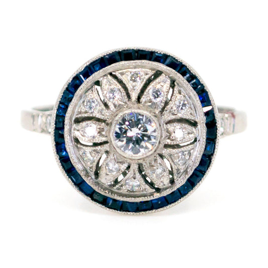 Vintage sapphire and diamond target engagement ring Round Shape 
