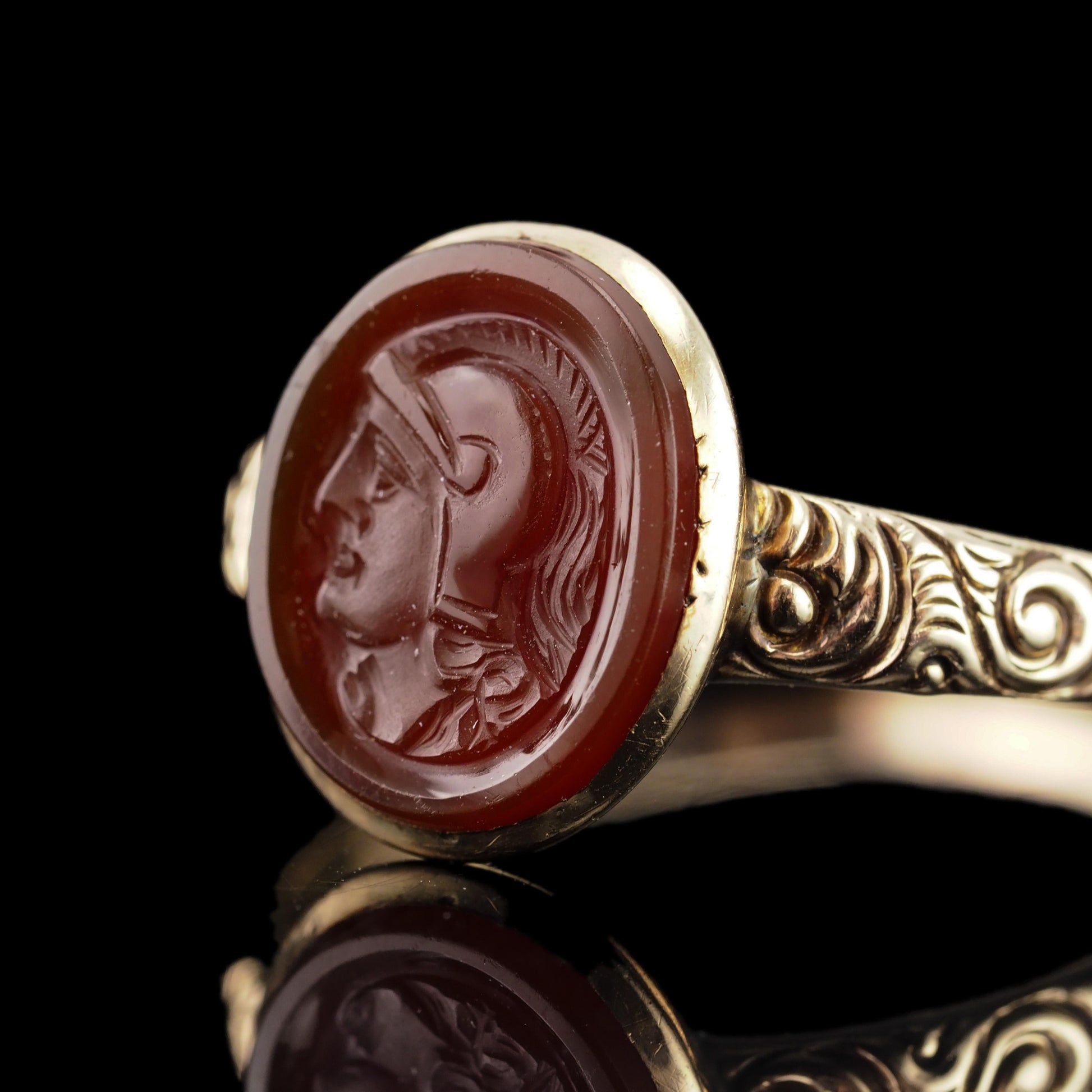 Antique Georgian Cameo Ring 10K Gold with Roman Soldier Engraving - c.1820