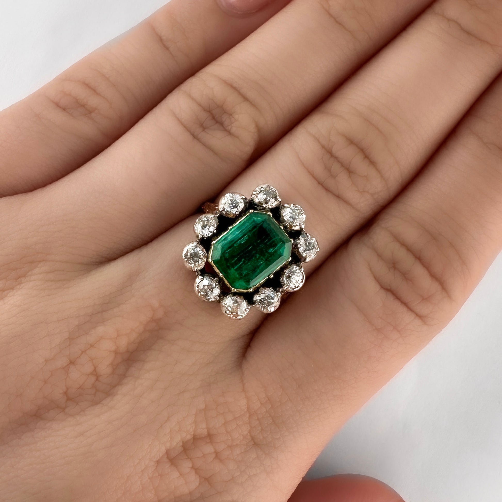 Victorian Antique Emerald and Diamond Cluster Ring