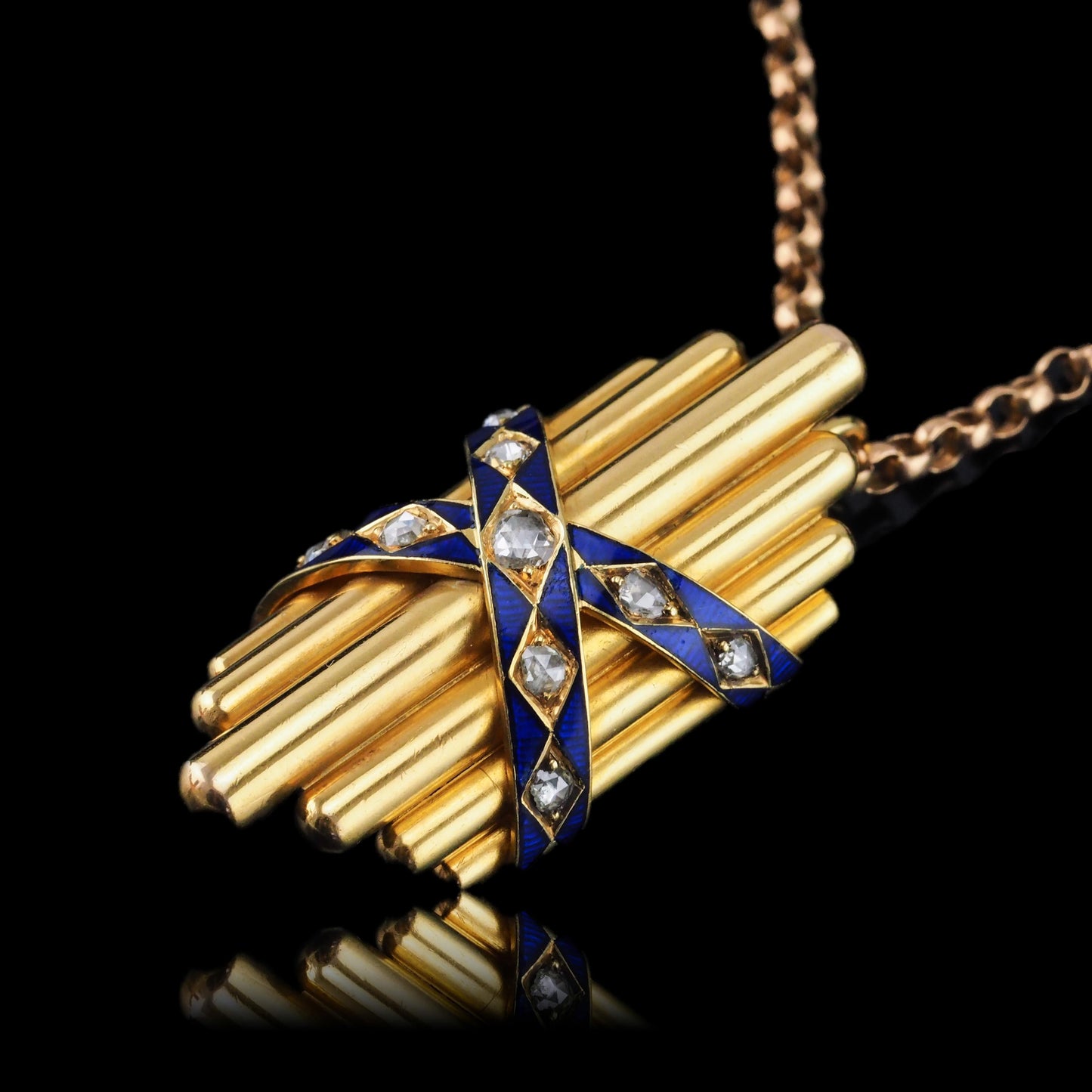 Antique Victorian 18 Carat Gold Rose Cut Diamond And Blue Enamel Pendant - circa 1880