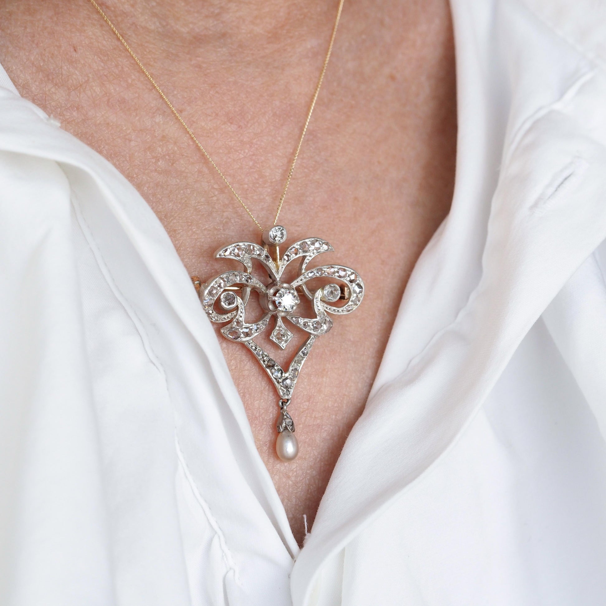 Antique Diamond and Pearl Necklace Lavalier Pendant come Brooch