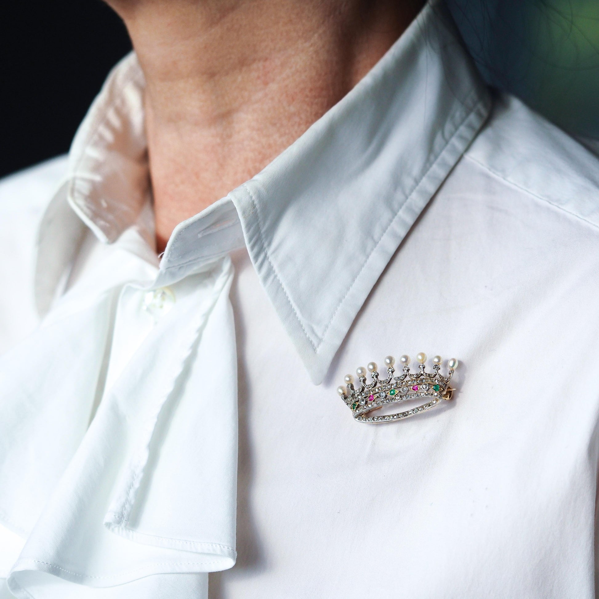 Antique French Ruby Emerald Diamond Pearl Crown Coronet Brooch