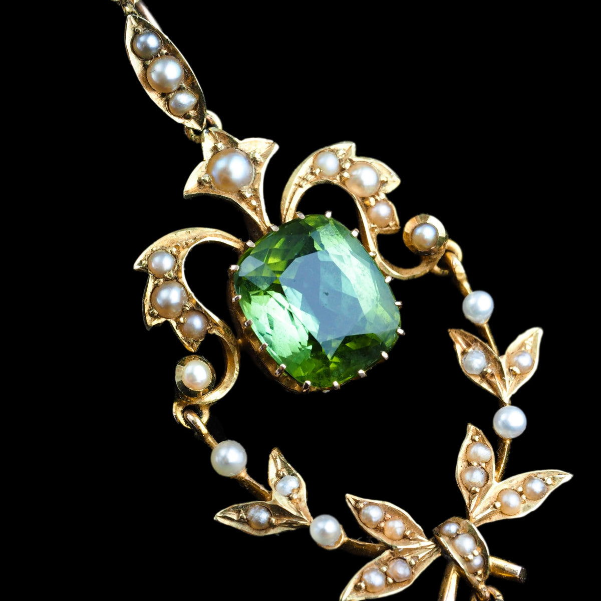 Antique Victorian Peridot Pendant Necklace, Pearls 14K Gold Original Box c.1890