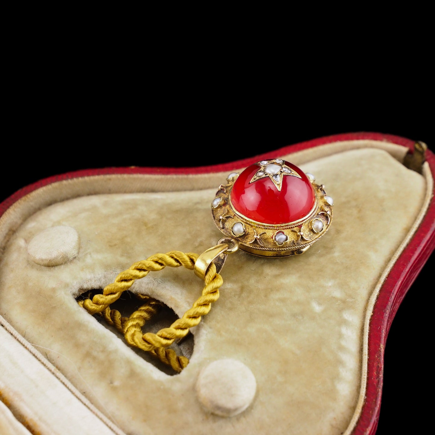 Antique Victorian Diamond & Pearl Star Necklace with Red Rock Crystal Cabochon 15ct Gold - c.1880