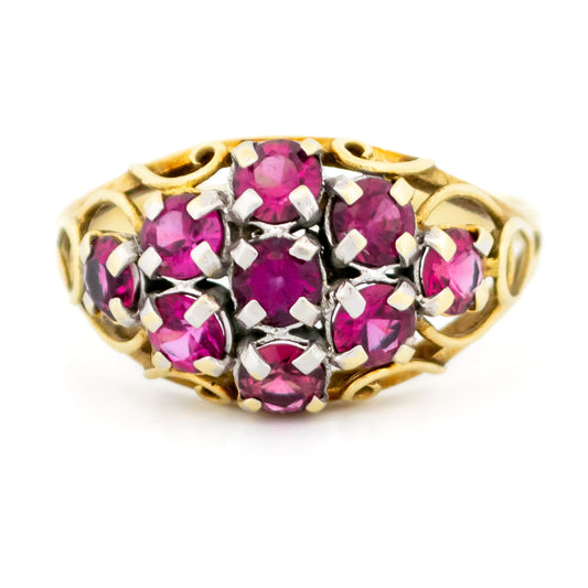 Vintage 14 Carat Yellow and White Gold Ruby Cluster Ring, 1.35 Carats