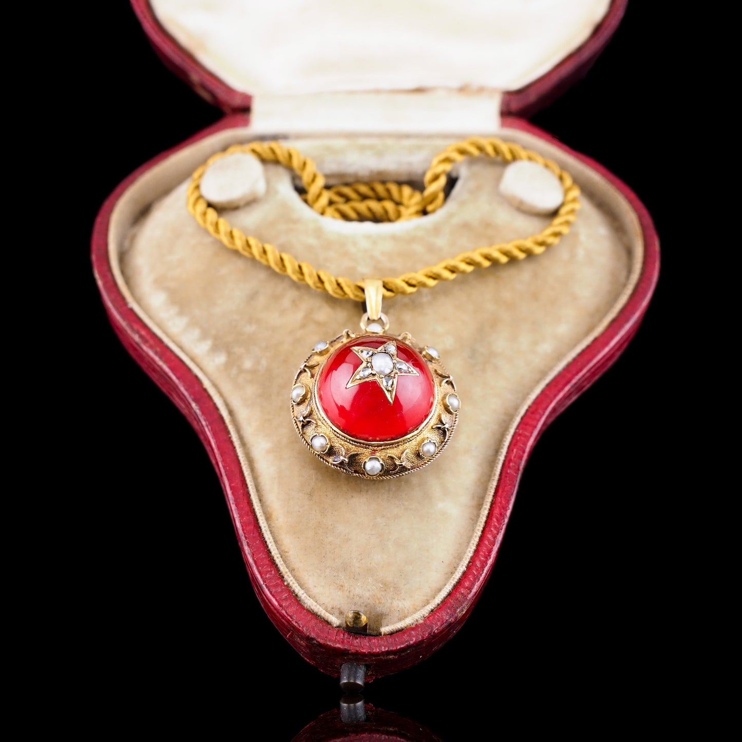 Antique Victorian Diamond & Pearl Star Necklace with Red Rock Crystal Cabochon 15ct Gold - c.1880