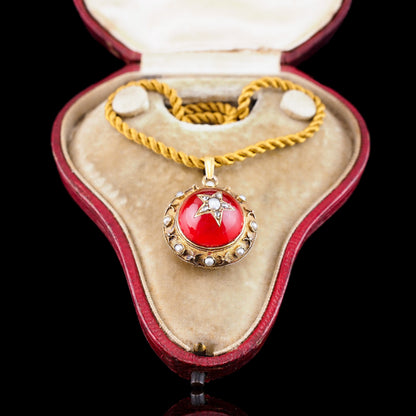 Antique Victorian Diamond & Pearl Star Necklace with Red Rock Crystal Cabochon 15ct Gold - c.1880