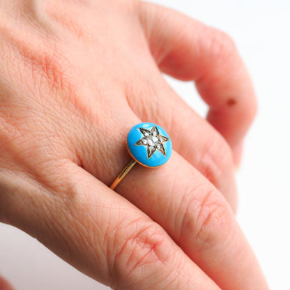 Antique Victorian Diamond Star Ring 9ct Gold Blue Enamel Cabochon - c.1890