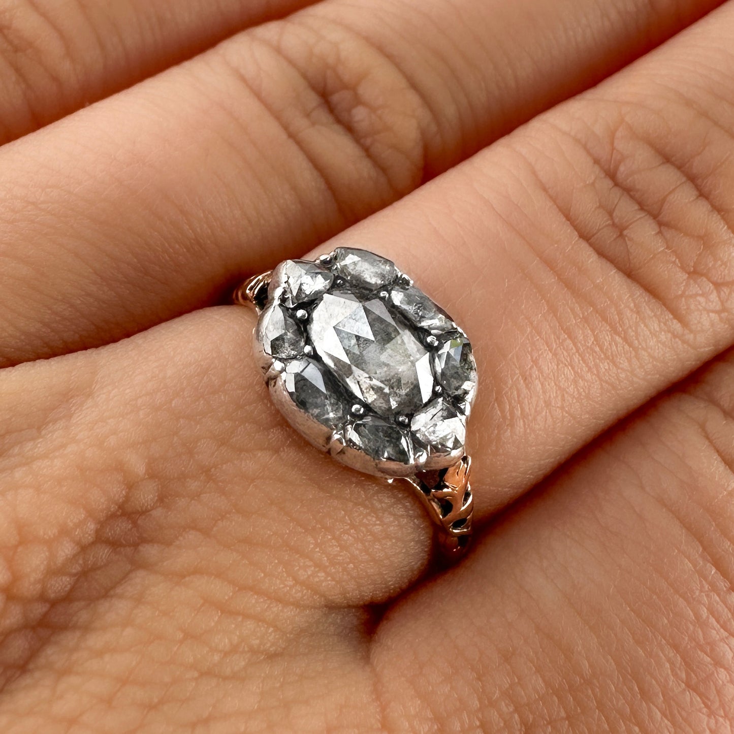 Late Georgian Antique Rose Cut Diamond Cluster Engagement Ring in Silver to 15ct Rose Gold