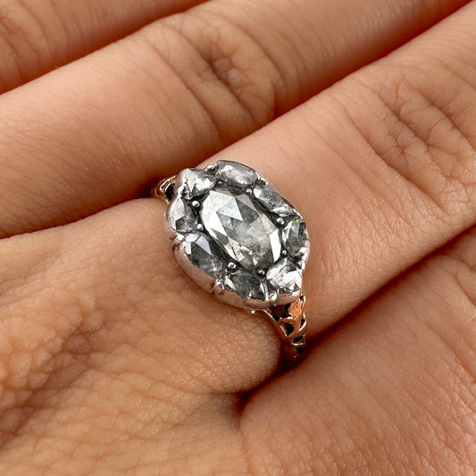Late Georgian Antique Rose Cut Diamond Cluster Engagement Ring in Silver to 15ct Rose Gold