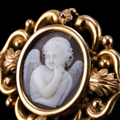 Antique Victorian Cherub Cameo Brooch 18K Gold Ornate Frame - c.1860