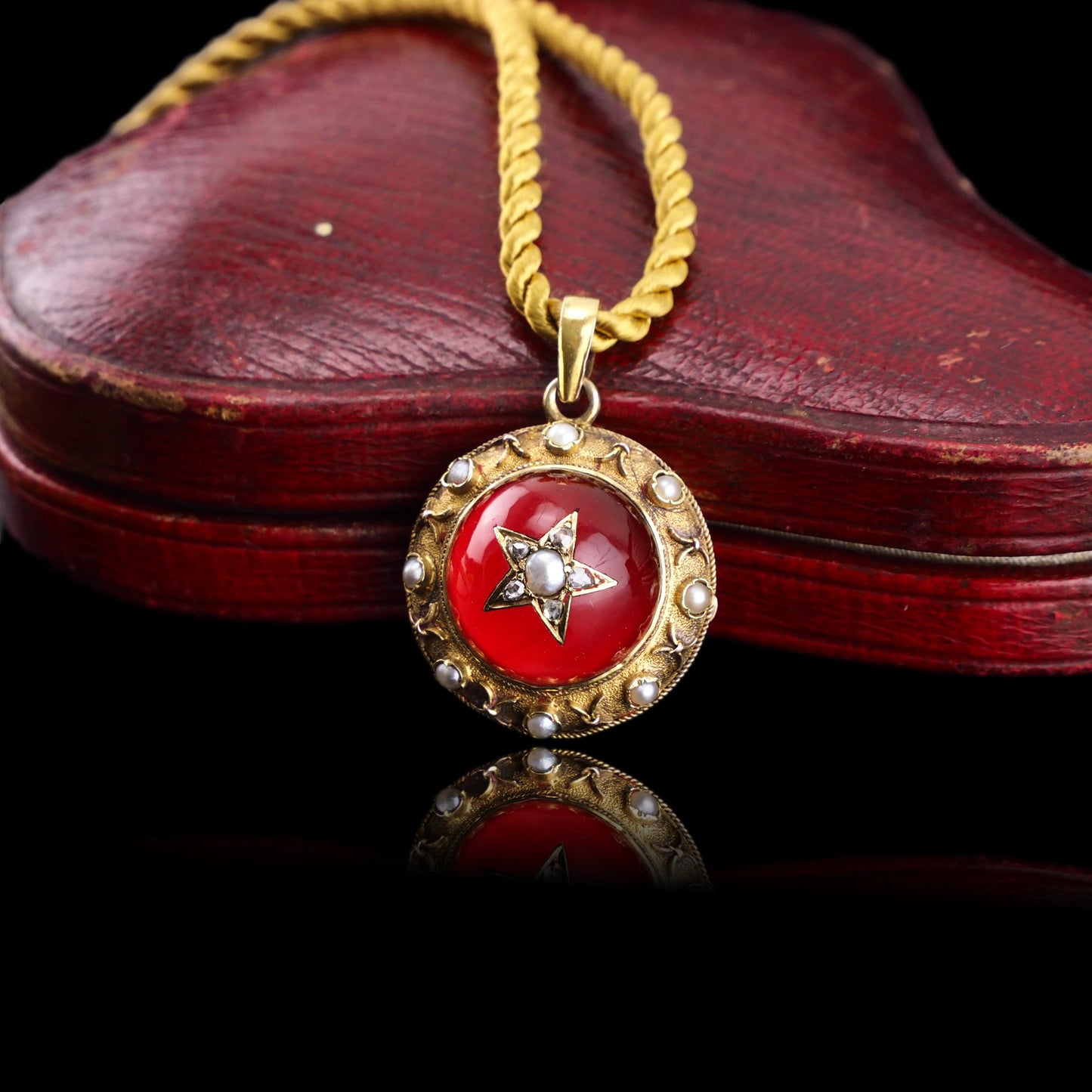 Antique Victorian Diamond & Pearl Star Necklace with Red Rock Crystal Cabochon 15ct Gold - c.1880