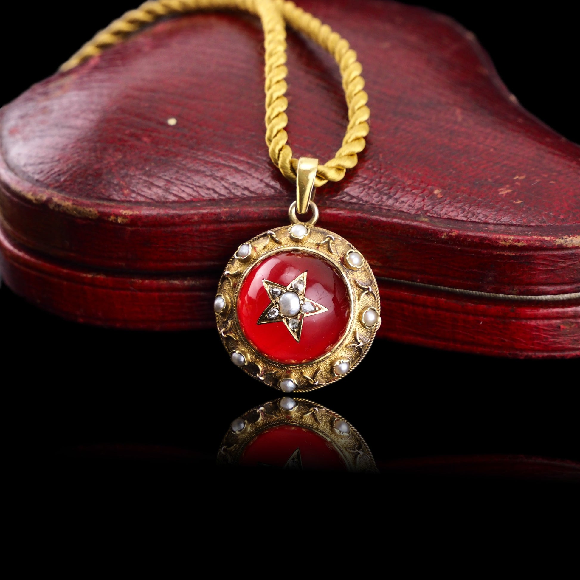 Antique Victorian Diamond & Pearl Star Necklace with Red Rock Crystal Cabochon 15ct Gold - c.1880
